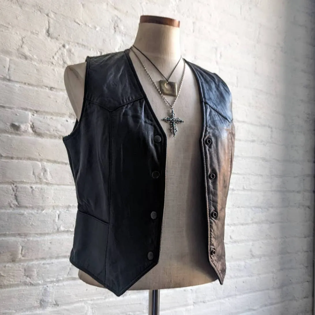 Vintage Black Genuine Leather Biker Vest Grunge Goth Moto Western Motorcycle Top