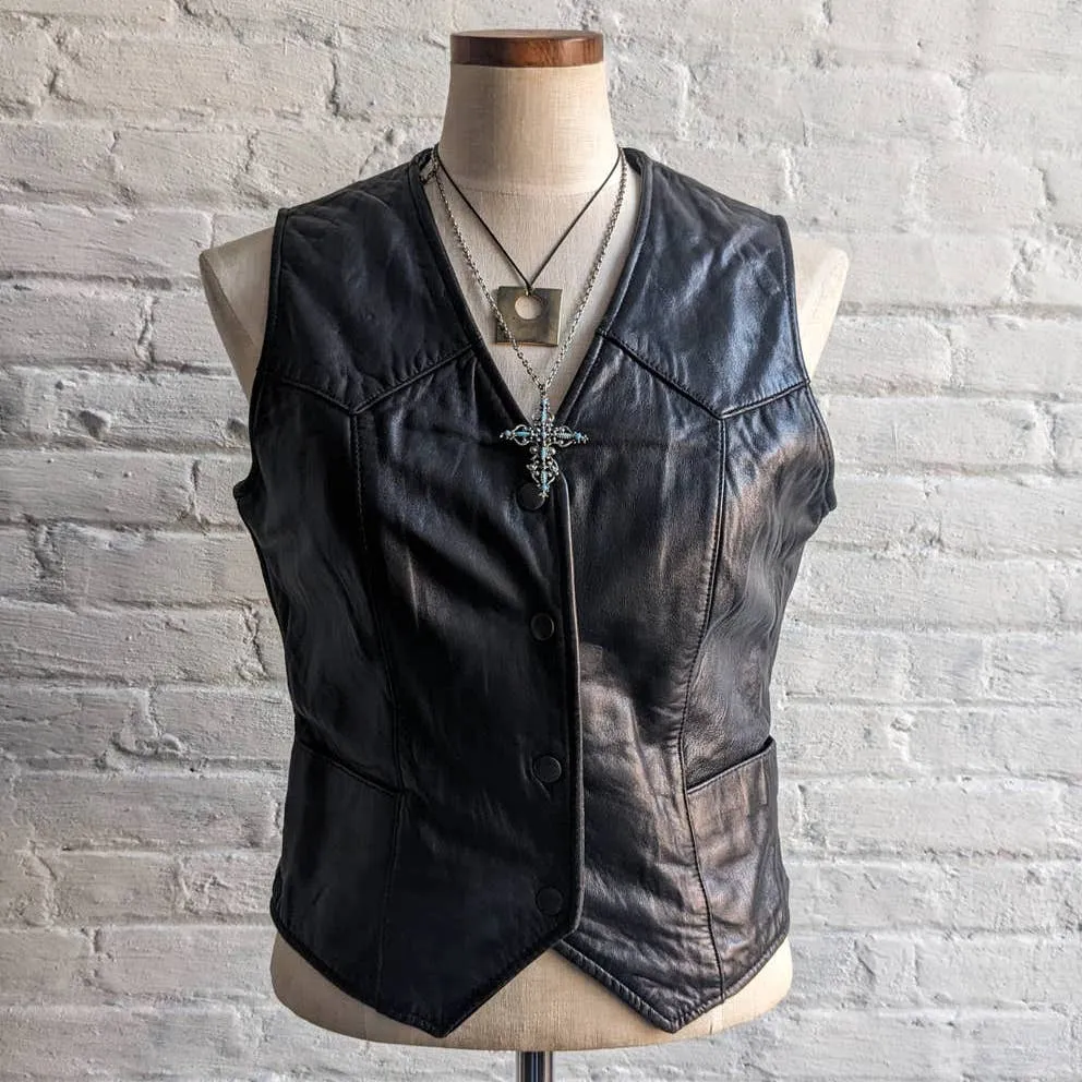 Vintage Black Genuine Leather Biker Vest Grunge Goth Moto Western Motorcycle Top