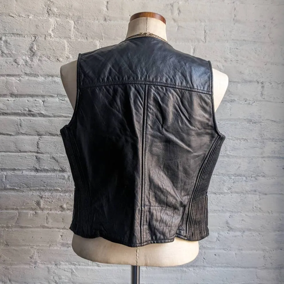 Vintage Black Genuine Leather Biker Vest Grunge Goth Moto Western Motorcycle Top