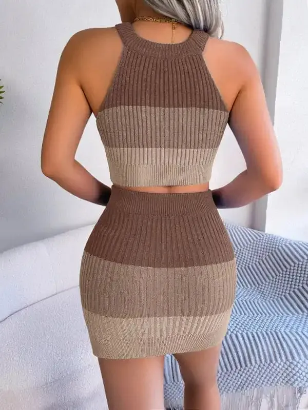 Women’s Color Block Crop Halter Neck Tank With Matching Cable Knit Mini Skirt