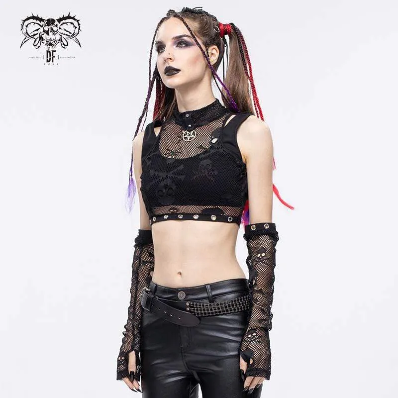 Women's Gothic Skull Printed Mesh Crop Top with Oversleeves