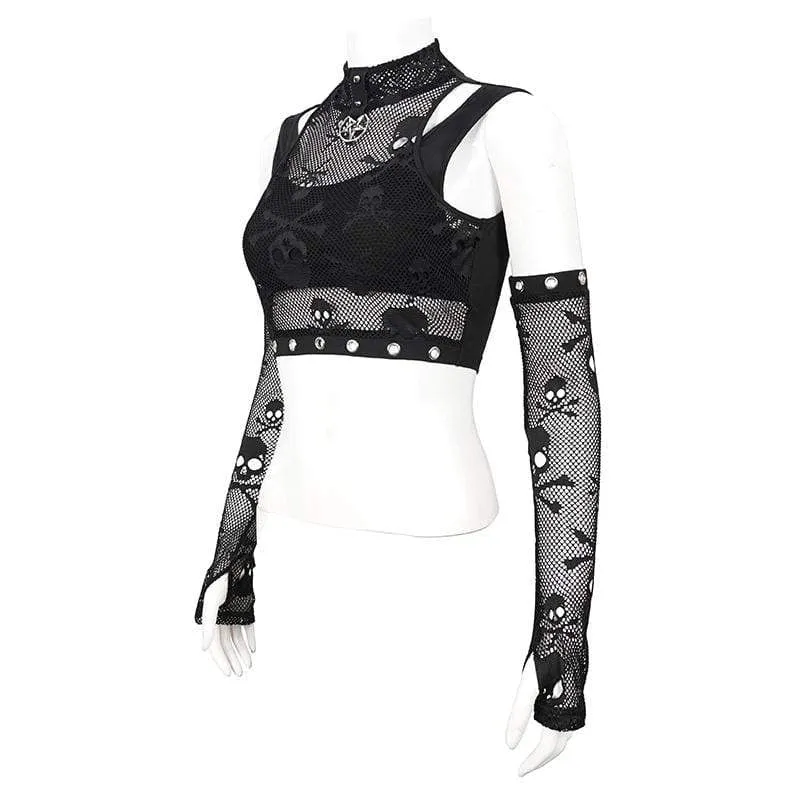 Women's Gothic Skull Printed Mesh Crop Top with Oversleeves