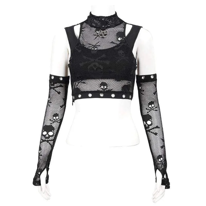 Women's Gothic Skull Printed Mesh Crop Top with Oversleeves