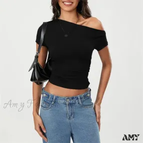 Y2k Summer Grunge Oblique Shoulder Sleeveless Ruched Streetwear Crop Top